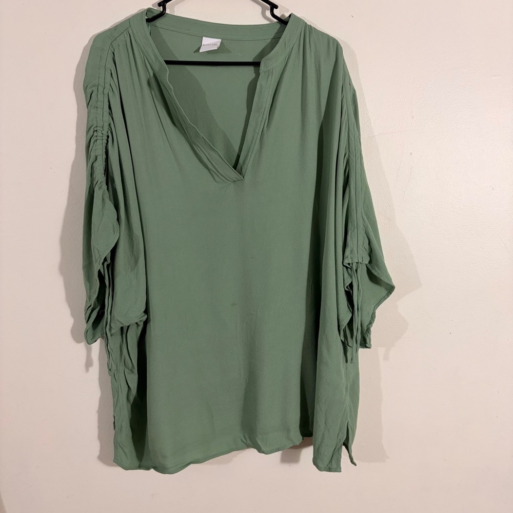 Madeleine Tunic Top Womens Plus Sage Green Ruched Tie Sleeve V-Neck Viscose